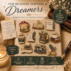 May include: A collection of nine enamel pins featuring literary themes, including a mushroom house, a bookworm, a notepad labeled plot twist, a coffee cup, a scroll, a floral book stack, a typewriter, a stack of books, and a quill pen.