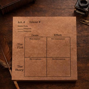 May include: A brown paper notepad with the words "Act # Scene #" at the top. The notepad has a plot diagram with sections for "Cause" and "Effect", and "The Plot" and "The Story" are written on the side.