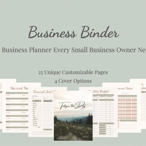 May include: A business binder with a mountain landscape cover. The text "Today's the Day" is on the cover. The binder includes 25 customizable pages and 4 cover options. The pages include sections for business codes, income tracker, financial goals, monthly budget, and appointment tracker.