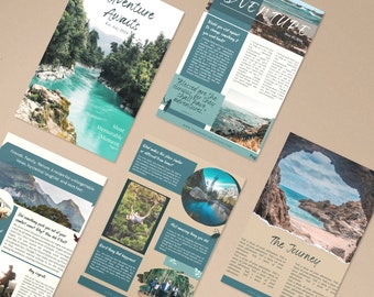Plantilla para revista de viajes: Diseño Turquoise Adventure (Canva, 28 páginas)