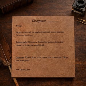 May include: A brown paper notepad with the word "Chapter" at the top, and prompts for writing a story. A feather and inkwell are visible on a dark wooden surface. The notepad includes prompts for goal, setup, crossroads, outcome, and a new question.
