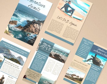 Revista de aventuras en playas cálidas, plantilla de revista de viajes, plantilla de revista Canva, plantillas de revista, plantilla de diseño, plantilla de libro electrónico