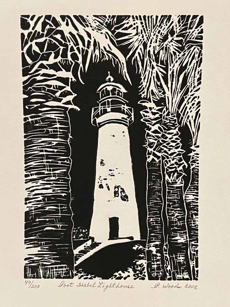 Lighthouse Print, Texas Landmark Print, Original Linocut Print, Black ...