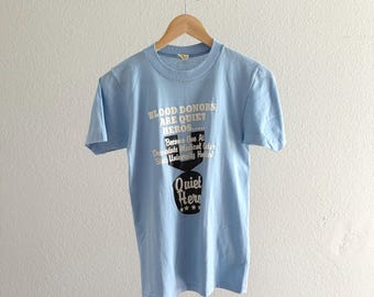 Vintage 1980’s Single Stitch Blood Donor Minimalist Graphic Blue Tee Shirt - Small