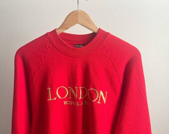 Sweat-shirt ras du cou brodé Londres Angleterre effet vieilli rouge à point unique vintage des années 90 - Grand