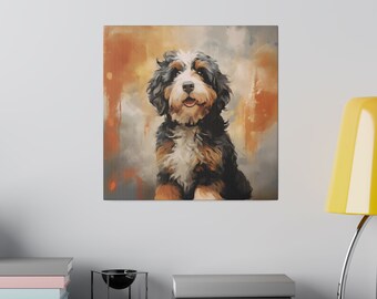 May include: A painting of a brown, black, and white dog with a happy expression. The dog is sitting and looking up at the viewer. The background is a blurred, abstract painting of orange, brown, and gray colors.