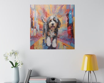 May include: A painting of a dog with black and white fur standing in front of a colorful abstract background. The dog is looking directly at the viewer with its tongue sticking out.
