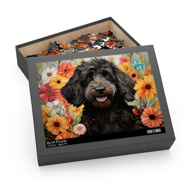 Black Labradoodle Puzzle, Colorful Flowers Doodle Jigsaw Puzzle Box, Best Gift for Dog Mom, Father Gift Idea Art Prints (120, 252, 500Piece)