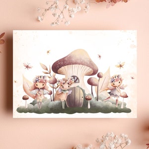 Enchanted Forest Fairies and Mushrooms Watercolor Digital Print | Pastel Nursery Wall Art Fairy Garden |  Neutral | Pink Purple | Boho