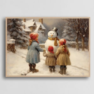Vintage Winter Scene Print | Snowy Day | Children Building Snowman | Muted Tones | Wall Art Decor | Cozy | Winter Wonderland | Charming Snow