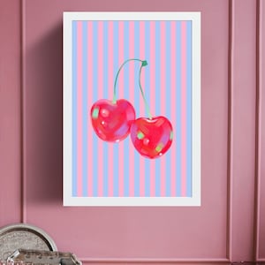 Retro Cherry Print | Colorful Fruit Wall Art | Playful Home Wall Decor | Preppy Dorm Poster | Fun Wall Art | Fun Quirky | Stripes | Pink