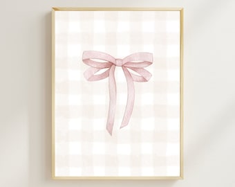 Pink Bow Nursery Wall Art | Watercolor Gingham Background | Soft Muted | Blush Pink | Elegant | Baby Girl Room | Simple Dainty | Ribbon |