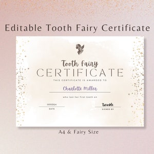 Certificado de Hada de los Dientes editable / Plantilla de Canva / Carta de Hada de los Dientes / Estrellas doradas / Imprimible para niños / Recuerdo de hitos / Estrellas doradas mágicas