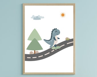Dinosaurus skateboard kunst aan de muur, jongens kamer decor, schattige dino kinderkamer print, dinosaurus print voor kinderen, schattig kinderkamer decor voor kinderen, jongens kamer poster