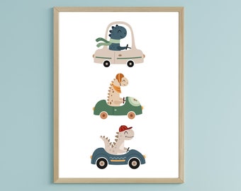 Dinosaur Car Print | Toy Cars | Boys Room Prints | Boho Dinosaur | Digital Prints | Racing Cars |
