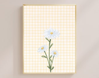 Watercolor Daisy Digital Print | Soft Gingham Background | Nursery Floral Wall Art | Gentle Home Decor | Printable Daisy | Yellow Girls Room