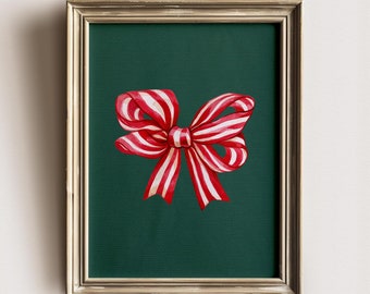 Candy Cane Bow Christmas Print, Festive Digital Wall Art, Holiday Decor, Peppermint Striped Bow Artwork, Coquette Christmas Art, Green Print