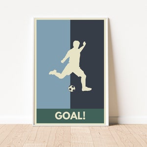 Impresión de portería de fútbol retro / Arte de pared deportivo de estilo retro / Decoración de habitación de niños / Póster de fútbol / Arte de habitación de niños / Adolescente / Azul verde / Silueta