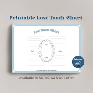 Carte des dents perdues imprimable | Dispositif de suivi des dents pour enfants | Souvenir d'une étape importante | Disque de dents de bébé | Carte de fée des dents pour enfants à télécharger
