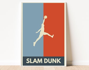May include: A retro-style poster with a basketball player silhouetted in white against a blue and red background. The text "SLAM DUNK" is printed in white at the bottom.