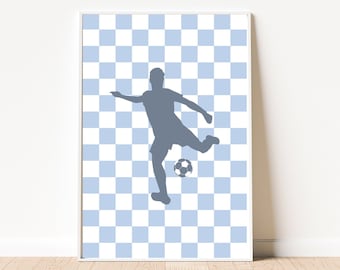 Blue Soccer Player Print: Gingham Boys Room Art (PDF)
