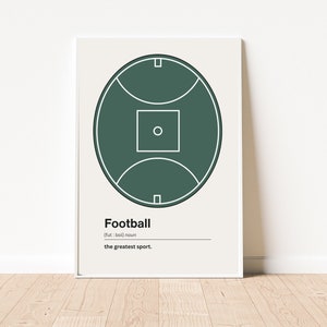 May include: A minimalist poster with a green circle representing a football field. The text "Football" is below the circle, with the definition "[fut] : ball : noun" and the phrase "the greatest sport."