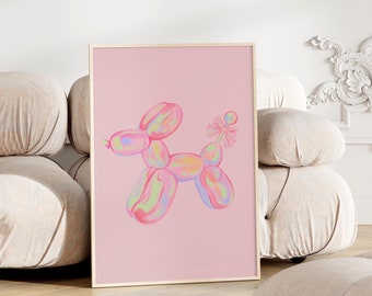 May include: A framed illustration of a pink balloon animal shaped like a dog with a flower on its tail. The illustration is on a pink background.