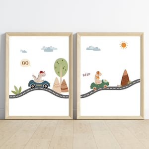 Set of 2 Dinosaur Car Print | Toy Racing Cars | Boys Room Prints | Boho Dinosaur | Digital Prints | Cute Fun | Nursery Poster | Muted Colors