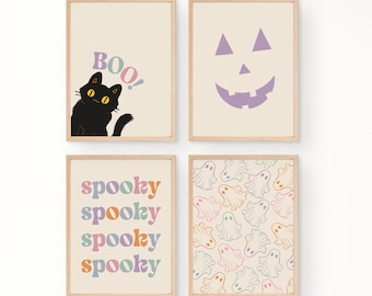 Set of 4 Cute Halloween Prints, Kids Room Decor, Pastel Halloween Wall Art, Spooky Season , Black Cat, Ghost, Pumpkin, Spooky Text