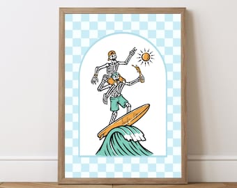 Surfing Skeletons Art Print: Quirky Beach Decor (Digital Download)