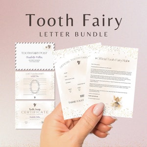 Paquete editable del Hada de los Dientes / Certificado del Hada de los Dientes / Cuadro de dientes perdidos / Carta del Hada de los Dientes / Estrellas doradas / Imprimible para niños / Canva
