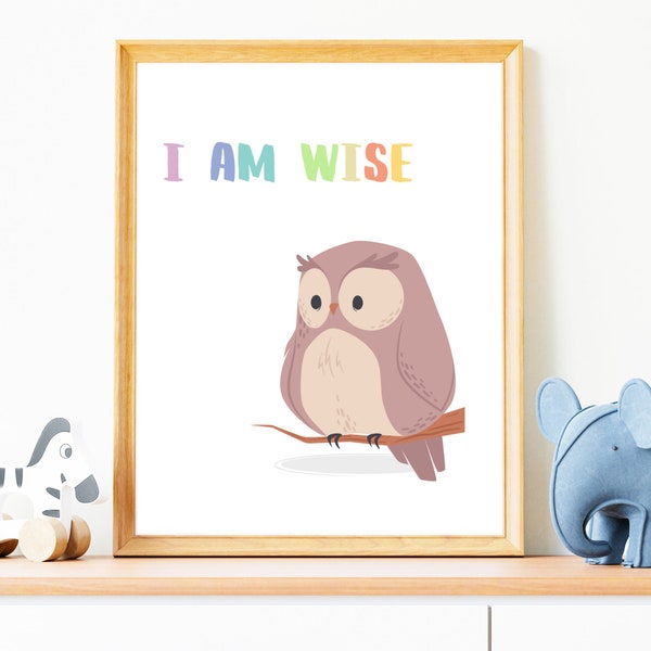 Early Learning Classroom Decor | I Am Wise Owl Printable | Homeschool Wall Art | Positive Affirmation for Kids | Educational Poster Rainbow