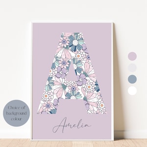 Impresión de nombre y letra personalizada / Decoración retro morada / Impresión de pared / Impresión para habitación de niñas / Impresión para guardería / Impresión retro para niñas / Floral morado
