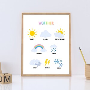Impresión de educación meteorológica / Cartel infantil arco iris / Educación en el hogar / Decoración del aula / Gráfico meteorológico / Arte de la pared de la guardería / Descarga instantánea