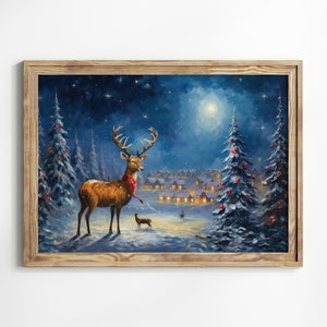 Winter Deer Christmas Print, Cozy Snowy Village Scene, Reindeer Wall Art, Holiday Home Decor, Digital Download, Night Sky, Rustic Painting
