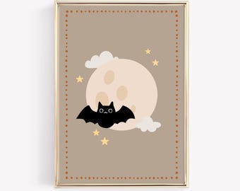 Bat Halloween Wall Art Printable, Neutral Moon Nursery Decor, Cute Spooky Kids Poster, Whimsical Halloween Print