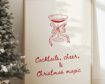 christmas bar cart print, coquette bow print, cheer print, Christmas Cocktails Print, christmas wall art, digital print, Retro Holiday Print