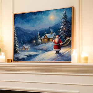 Winter Santa Christmas Print, Cozy Snowy Village Scene, Santa Wall Art, Holiday Home Decor, Digital Download, Night Sky, Rustic Painting