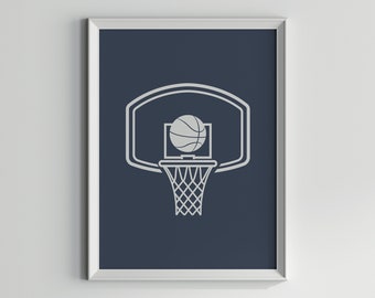 Basketball Hoop Art Print: Modern Navy Blue Sports Decor (Digital Download)