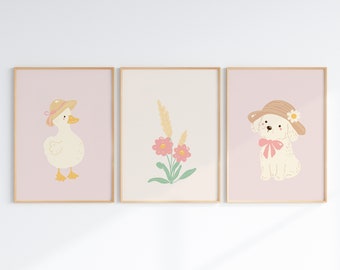 Set di 3 stampe animali carine / Fiori / Rosa / Anatra / Cucciolo / Arte della parete della scuola materna / Arredamento della camera delle ragazze / Fiocchi Coquette / Dolce / Minimalista
