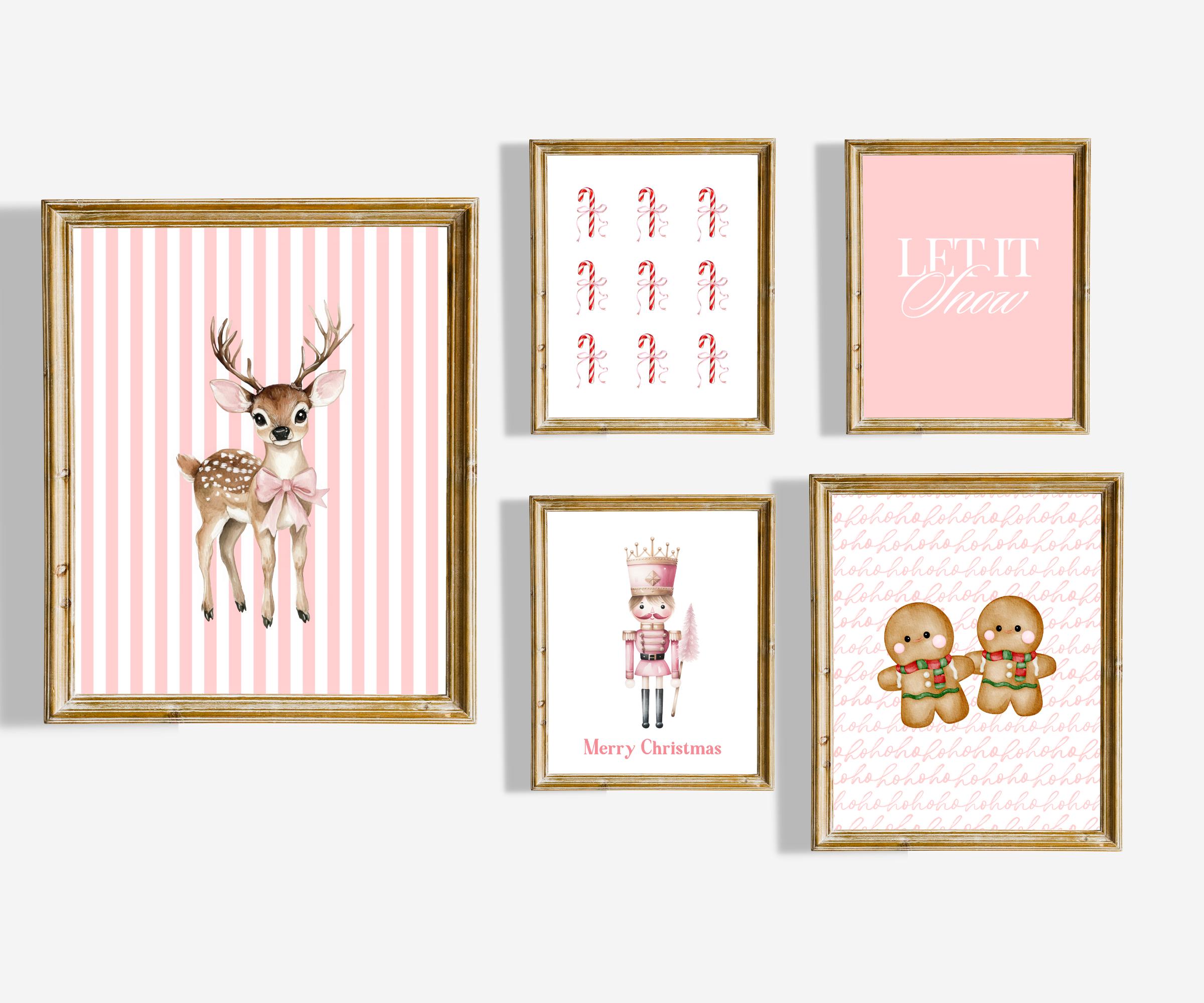 Set of 5 Christmas Pastel Pink Christmas Wall Art Set, Nutcracker, Reindeer, Candy Cane, Gingerbread, Let It Snow Prints for Holiday Decor