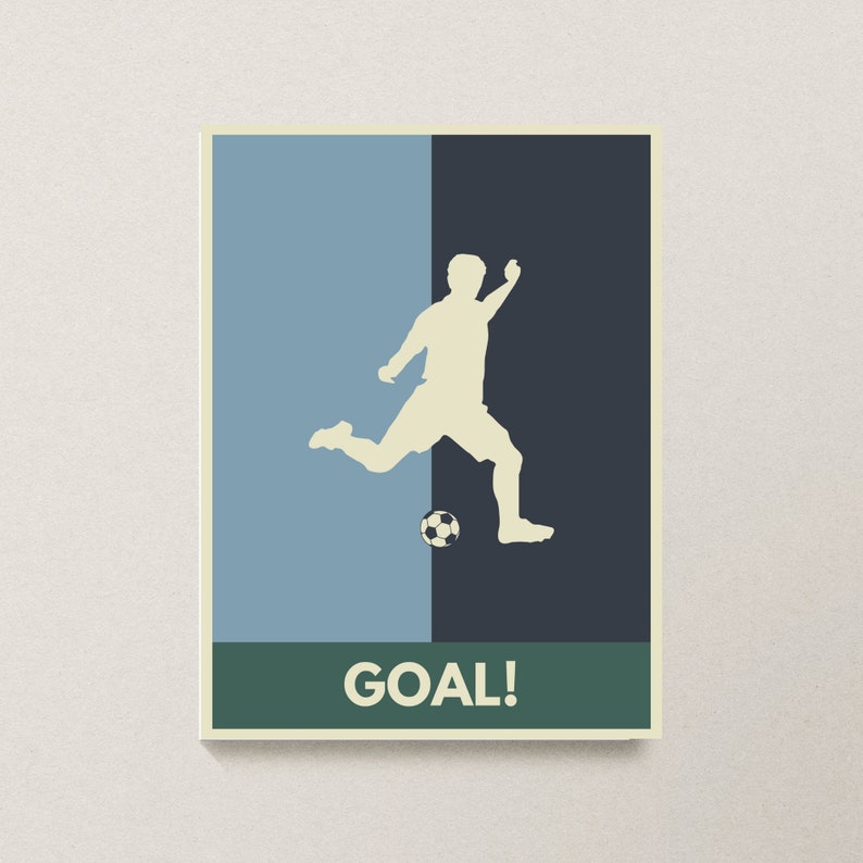 May include: A retro-style poster with a blue and black background featuring a silhouette of a soccer player kicking a ball. The text "GOAL!" is printed in green at the bottom of the poster.