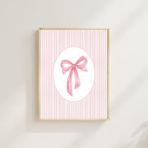 Art mural rose pour chambre de bébé, chambre de bébé, art mural à rayures, décoration de chambre esthétique girly, nœud coquette à imprimer, impression de ruban rose romantique