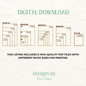 May include: A digital download graphic showing five different printable sizes for artwork, including 11x14 inches, 12x18 inches, 15x20 inches, 16x24 inches, and 24x36 inches. The graphic also includes the corresponding measurements in centimeters. The text "DIGITAL DOWNLOAD" is at the top of the graphic. The text "Designs by True Colour" is at the bottom of the graphic.