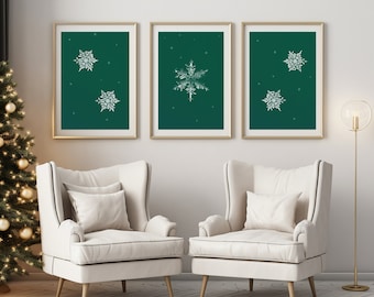 Set of 3 Green Snow Flake Print  | Snowy | Simple | Holidays | Cozy Boho | Winter | Wall Art | Holiday Decor | Winter Wonderland |