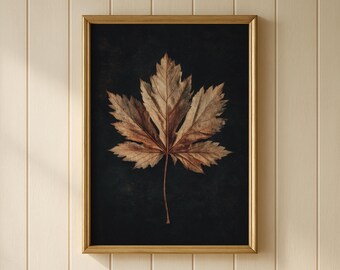 Pressed Maple Leaf Wall Art, Dark Botanical Fall Decor, Autumn Nature Print, Rustic Cottagecore Home Accent, Vintage Leaf Poster for Home