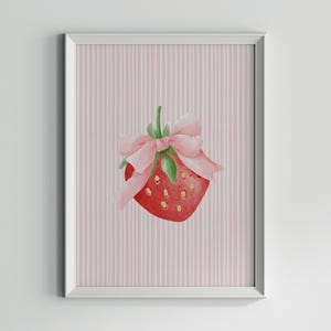Strawberry with Pink Bow Print, Cute Coquette Wall Art, Girly Nursery Decor, Pastel Cottagecore Digital Download | Girl Room | Pink Stripes