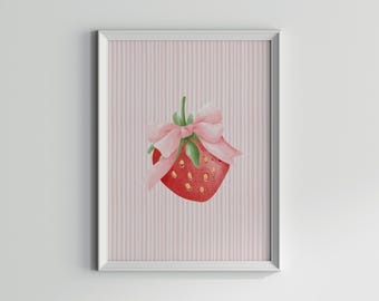Strawberry with Pink Bow Print, Cute Coquette Wall Art, Girly Nursery Decor, Pastel Cottagecore Digital Download | Girl Room | Pink Stripes