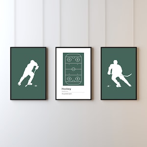 Set of 3 Hockey Prints | Green Ice Hockey Definition | Boys Room Décor | Kids Room Art | Teen Boys | Rink Art | Sports Player | Minimalist
