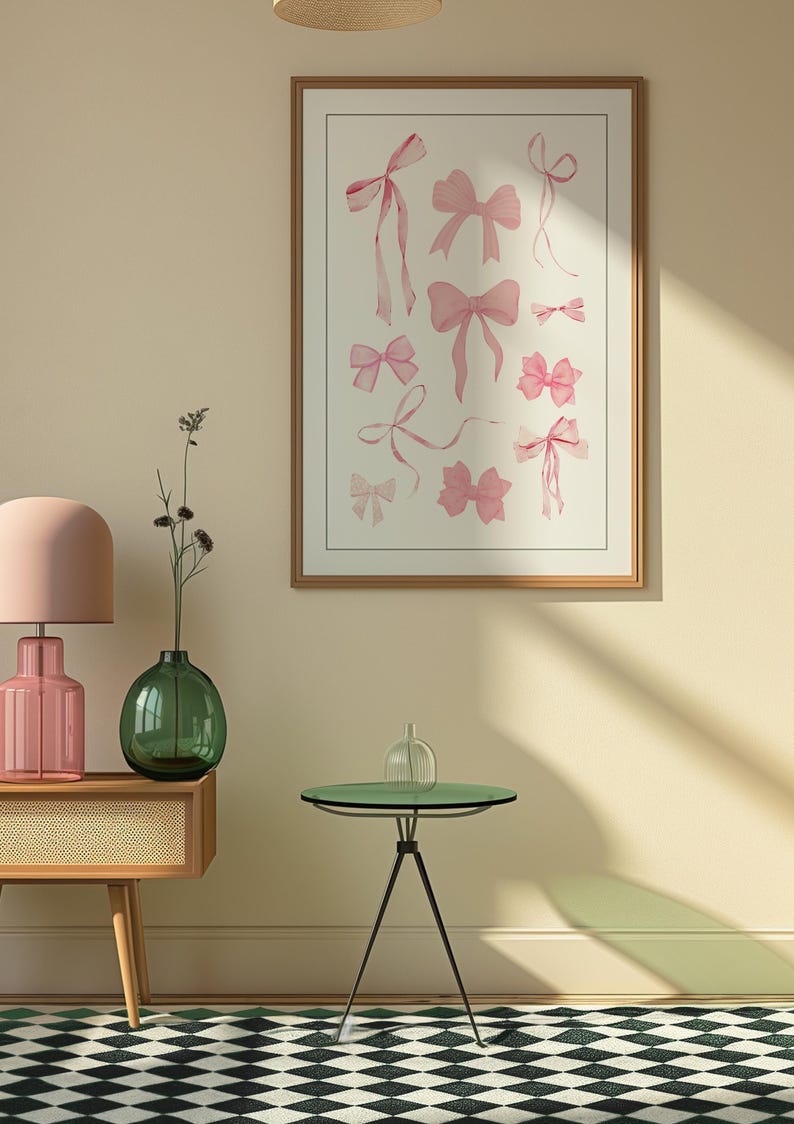 May include: A framed print of a watercolour illustration of pink bows in various styles and sizes. The print is hanging on a light beige wall with a green vase and a pink lamp on a wooden table in the foreground.